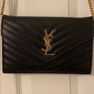 BLACK YSL MONOGRAM GOLD CHAIN WALLET